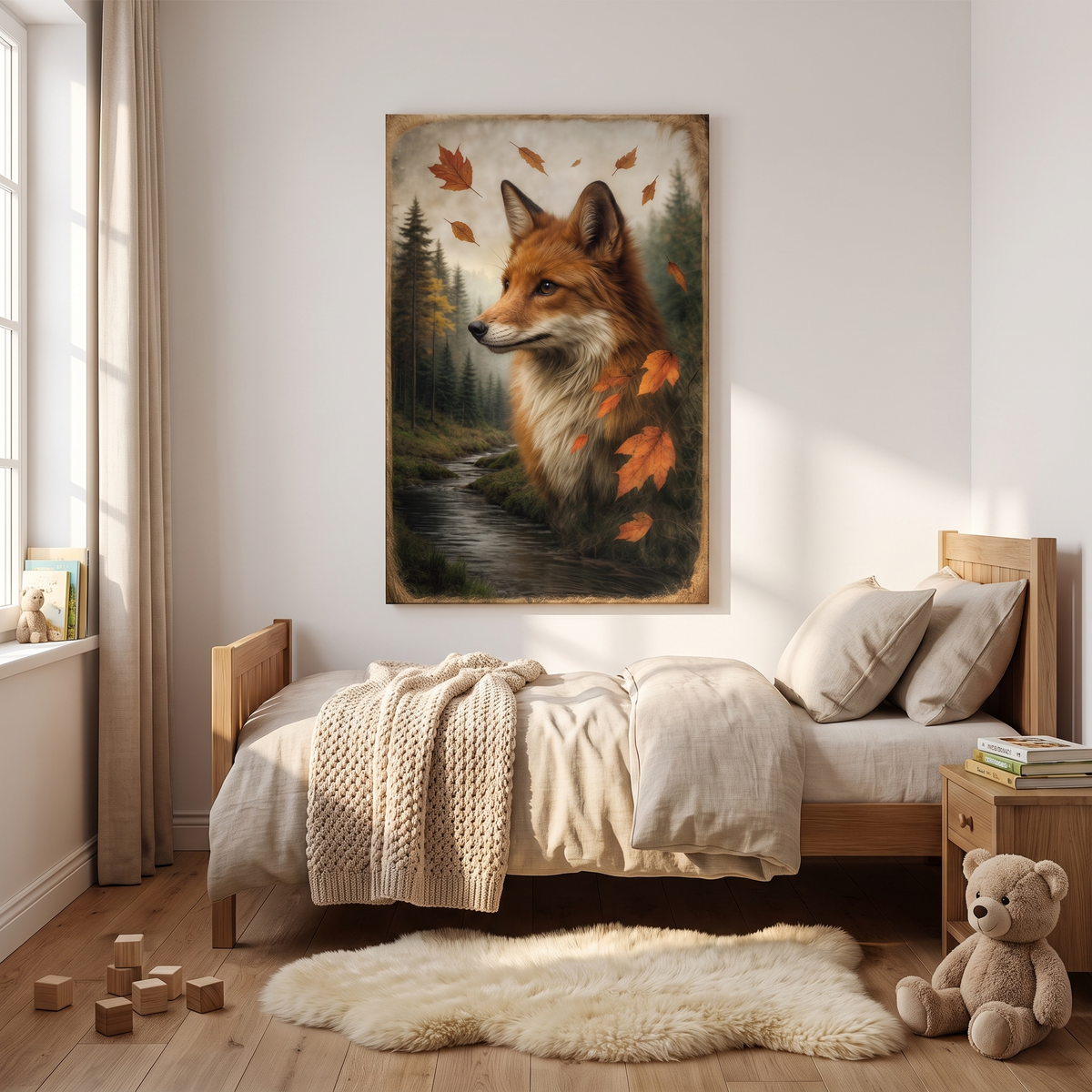 Autumn Fox Double Exposure Canvas Wall Art, Premium Canvas, Simple Setup