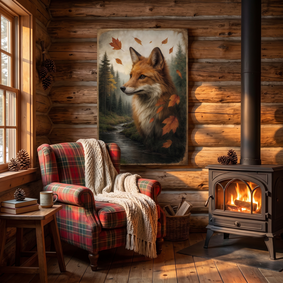 Autumn Fox Double Exposure Canvas Wall Art, Fox and Autumn Trees