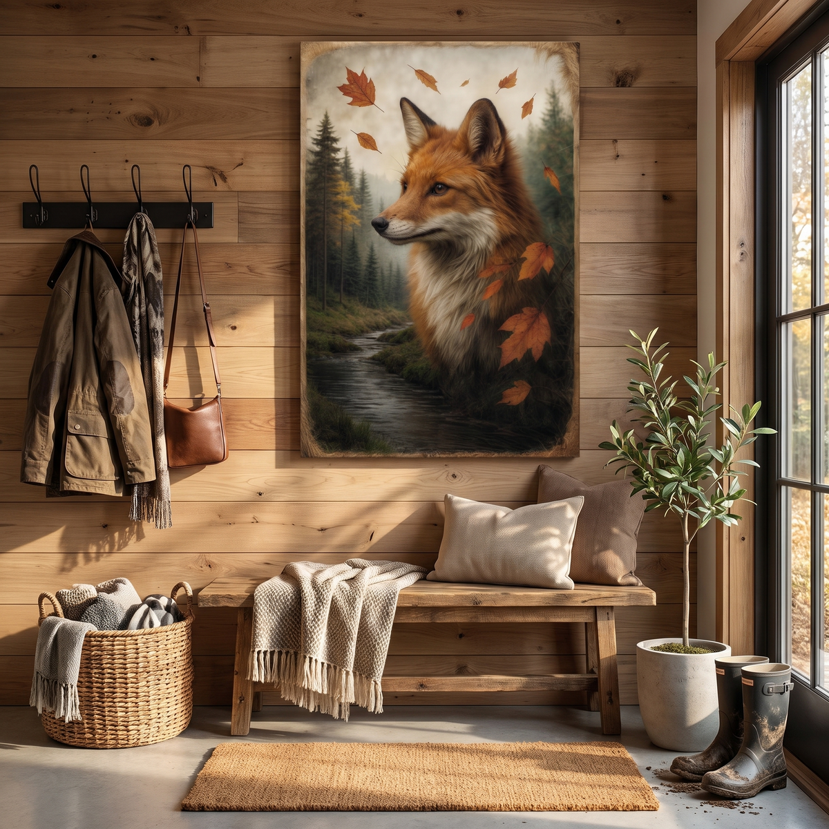 Autumn Fox Double Exposure Canvas Wall Art, Seasonal Warmth All Year