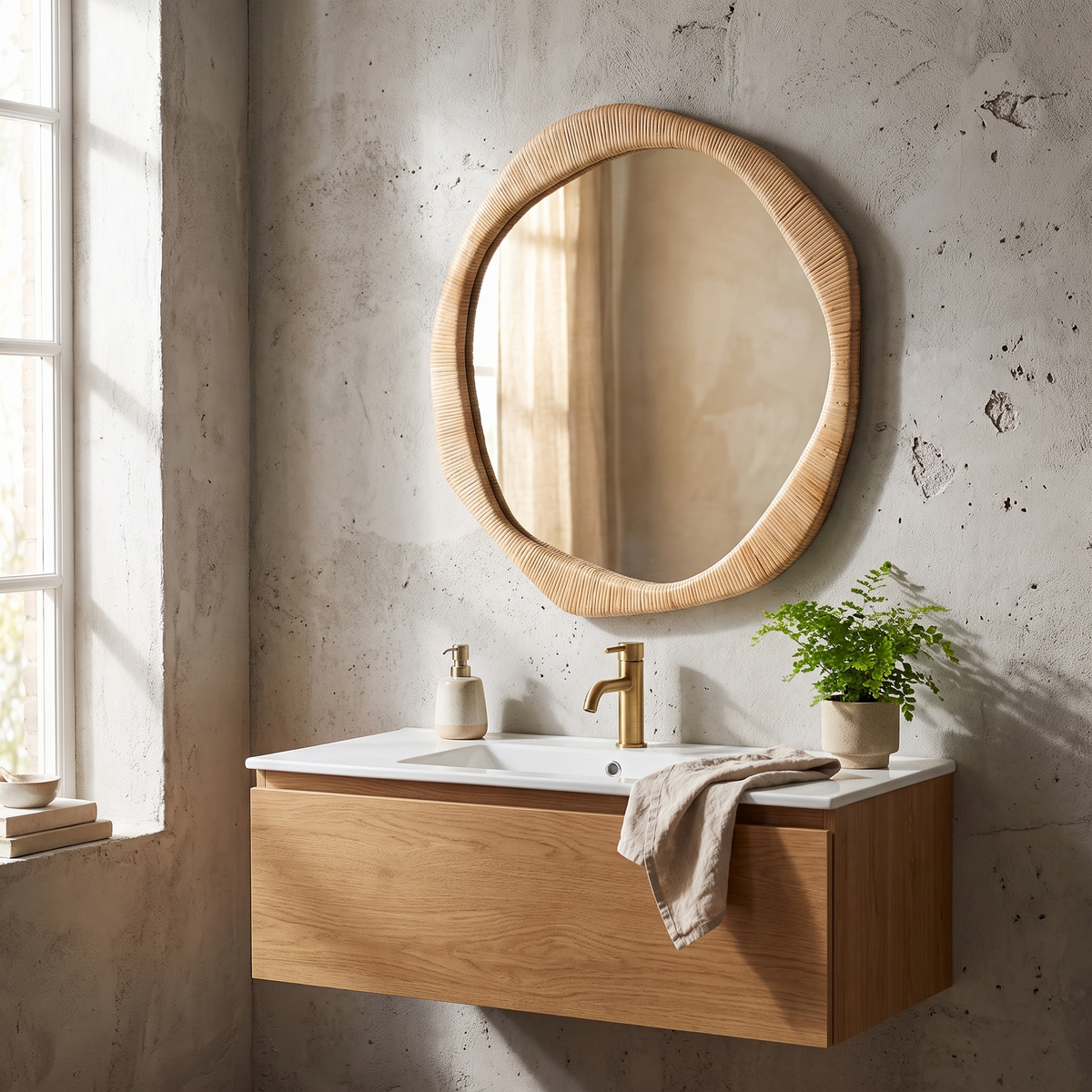 Rahfy Rattan Irregular Round Wall Mirror, Light and a focal point