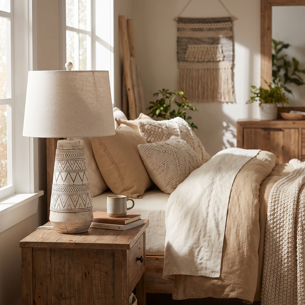 Camaligan Tan and Cream Resin Table Lamp with Linen Shade