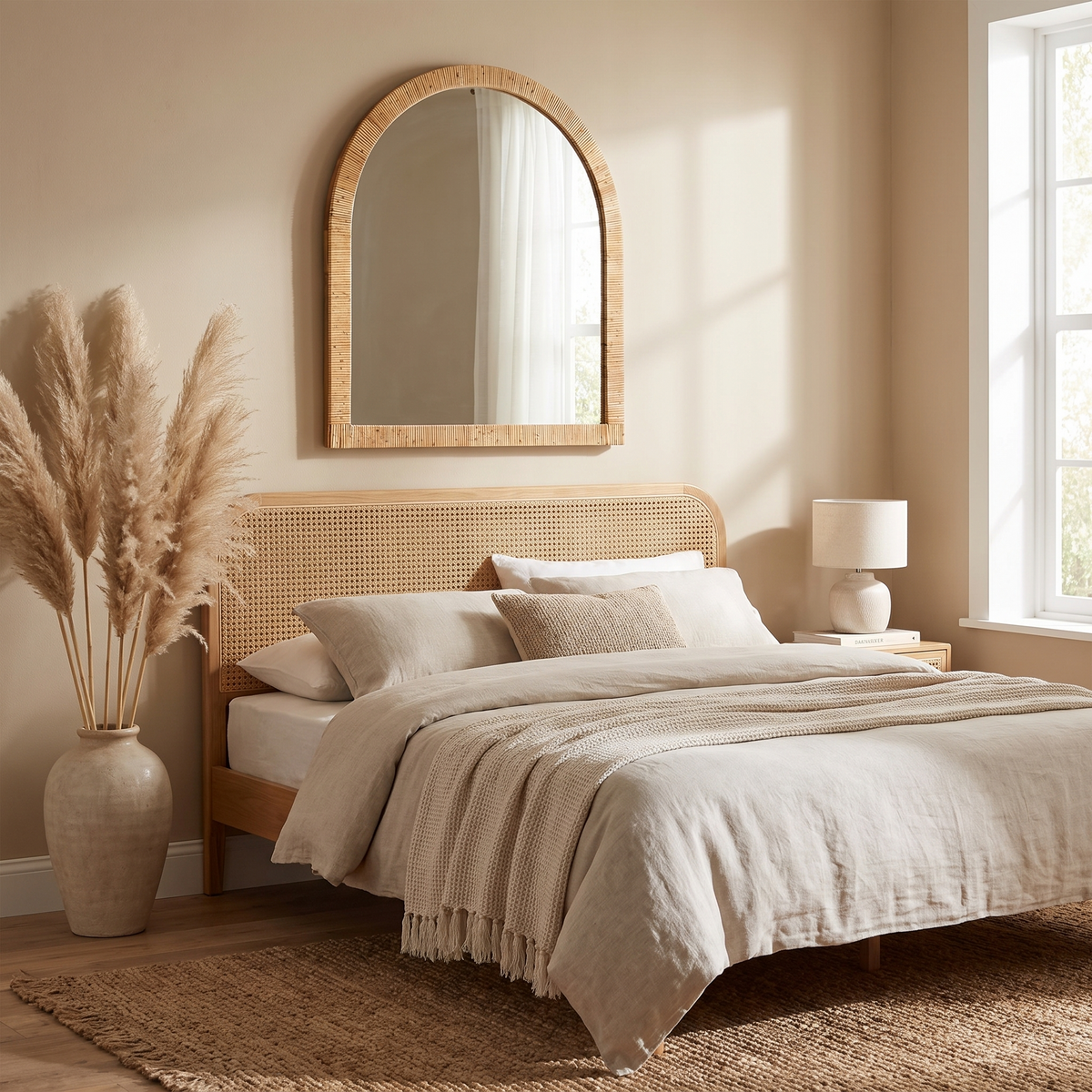 Rahfy Arch Framed Wall Mirror, Rattan wrapped, arched outline