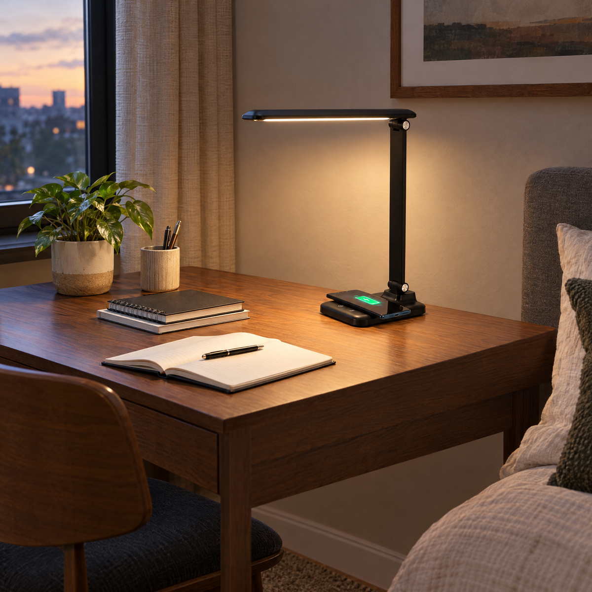 Brilli 15 inch Bright-Clean Antimicrobial LED Desk Lamp Matte Black Finish with Wireless Charging