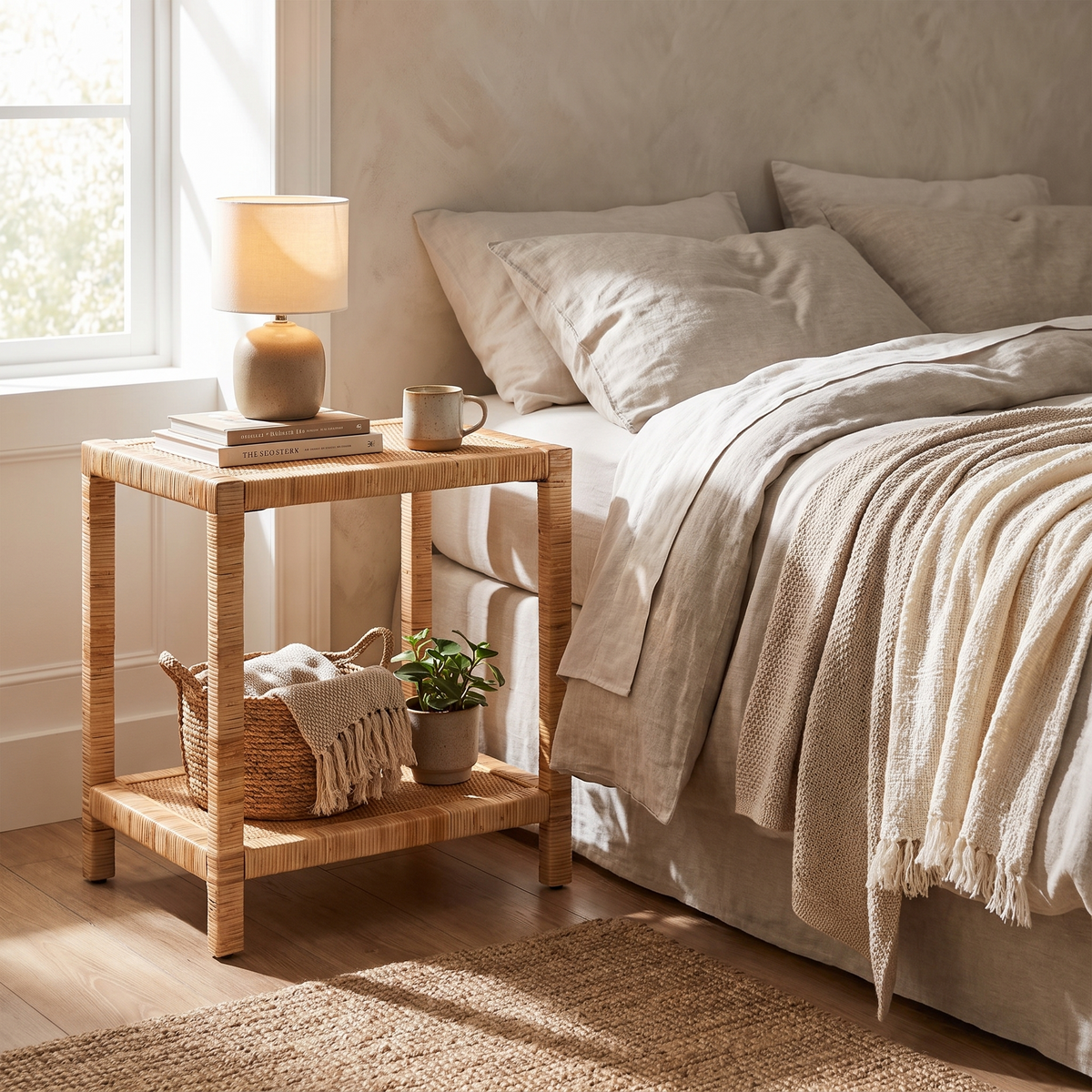 Rafina Rattan Rectangle Side Table, Two tiers of useful space