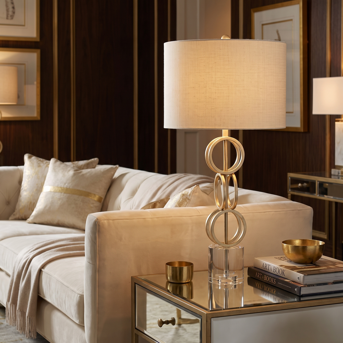 Zell Gold Crystal Table Lamp, Crystal, brass tone and linen