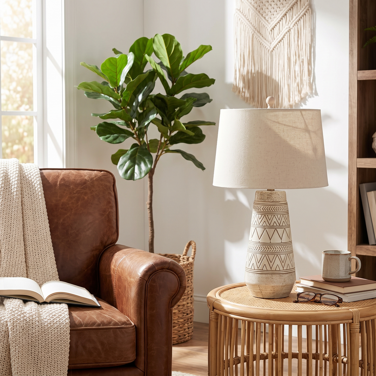 Camaligan Tan and Cream Resin Table Lamp with Linen Shade, Care, shipping and returns