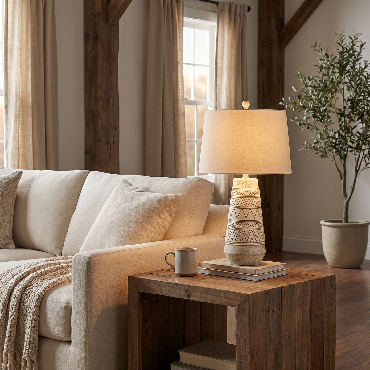 Camaligan Tan and Cream Resin Table Lamp with Linen Shade, Accent light for bedside or sofa