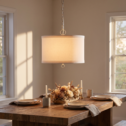 14"W Light Pendant Brushed Nickel Finish with Oatmeal Linen Shade, shown in use