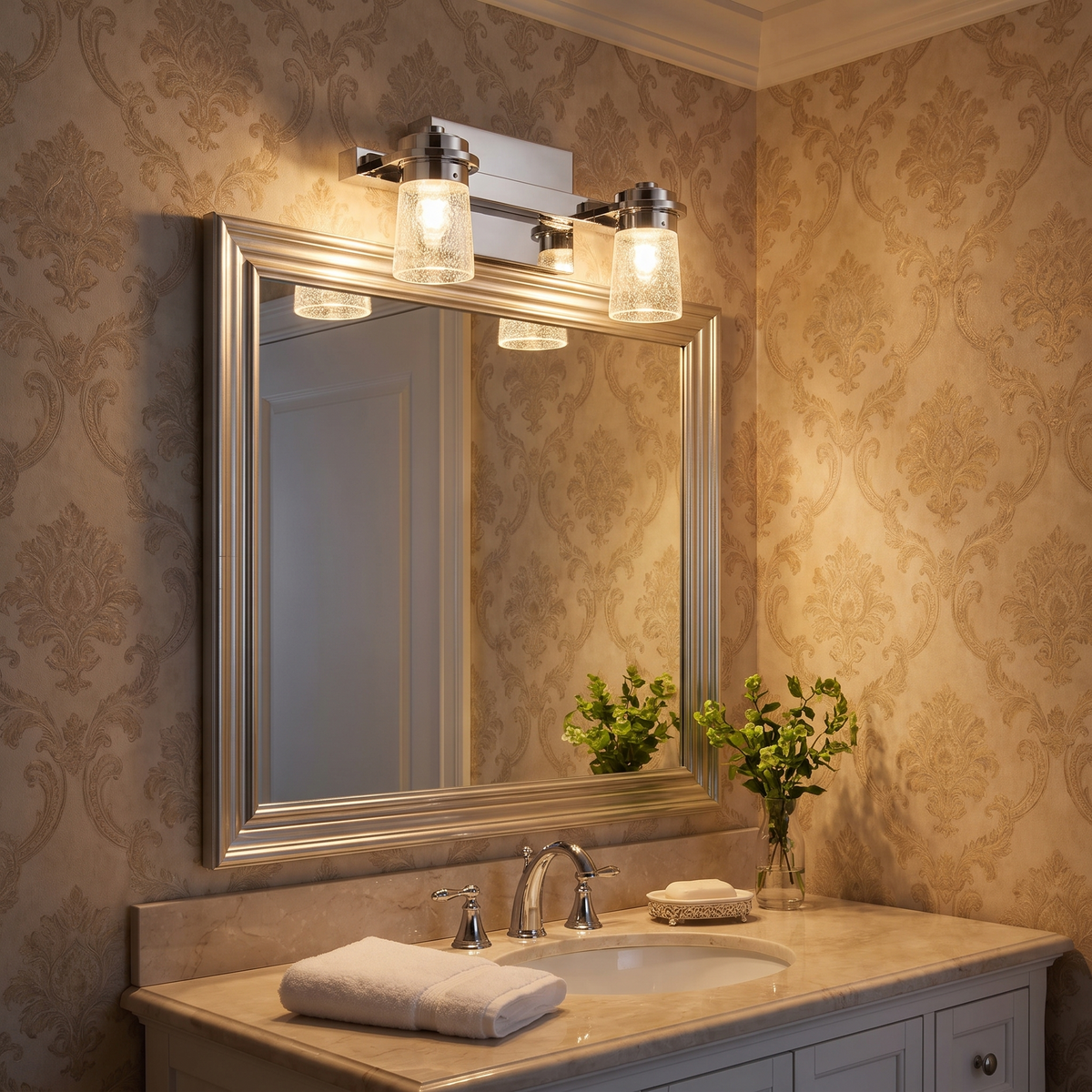 Kichler Vada 15"W 2-Light LED Bathroom Vanity Light, Polished Nickel Finish Clear Bubble Glass Shade, shown in use