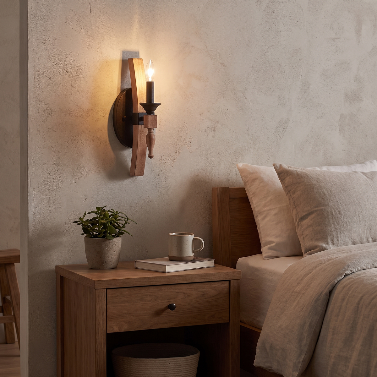 Craftmade Glenwood 1-Light Wall Sconce, Aged Bronze and Distressed Oak Finish, 5"W, shown in use