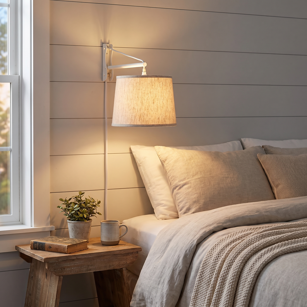 Home Concept MAST Plug-In Wall-Mount Pendant Light 1-Light White Cord/Arm Textured Oatmeal Shade - 14"W, shown in use