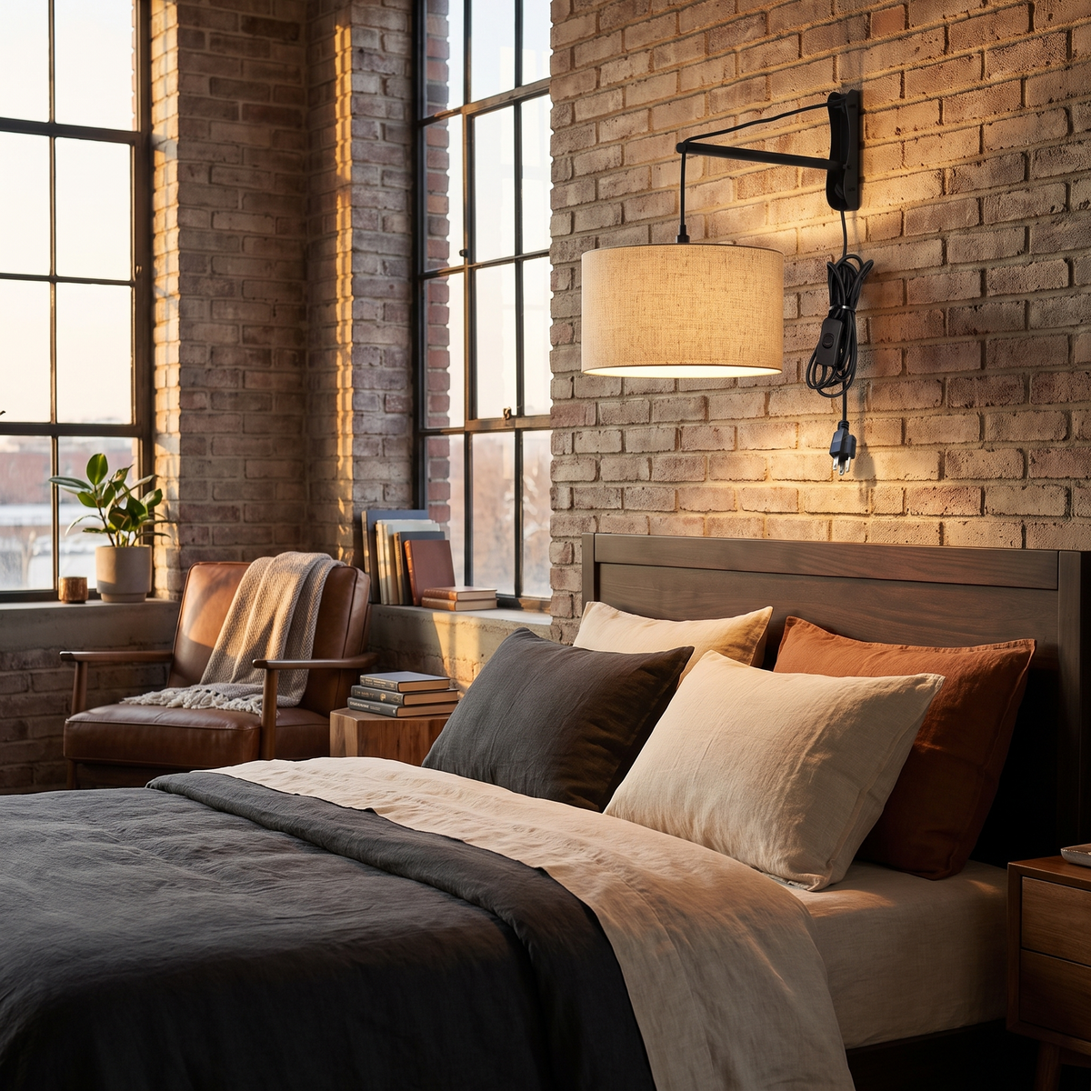 Home Concept MAST Plug-In Wall-Mount Pendant Light 1-Light Black Cord/Arm Textured Oatmeal Shade - 18"W, shown in use