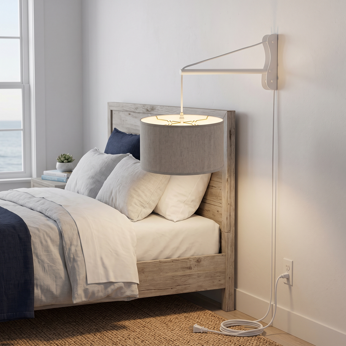 Home Concept MAST Plug-In Wall-Mount Pendant Light 1-Light White Cord/Arm Textured Oatmeal Shade - 18"W, shown in use