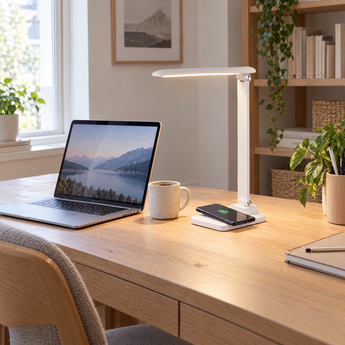 Brilli 15"H Bright-Clean Antimicrobial LED Desk Lamp Matte White Finish with Wireless Charging, shown in use