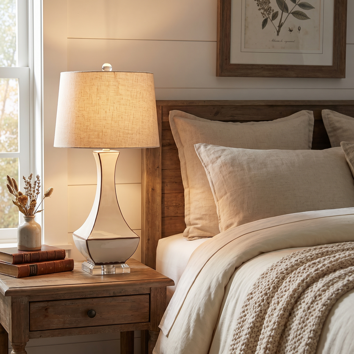 Tuka Tan Ceramic Table Lamp, shown in use