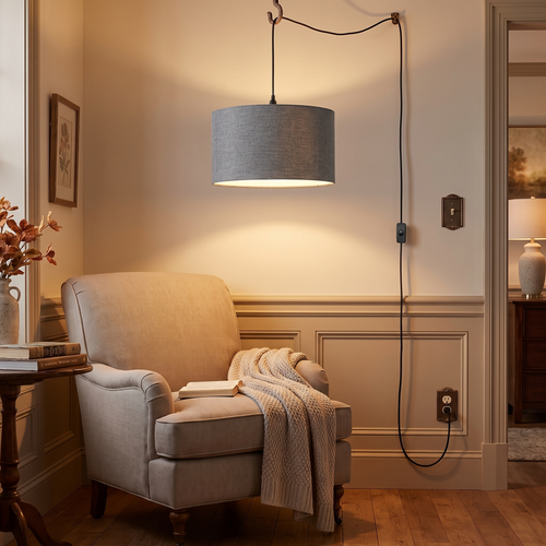 1-Light Plug In Swag Pendant Ceiling Light Granite Grey Shade, shown in use