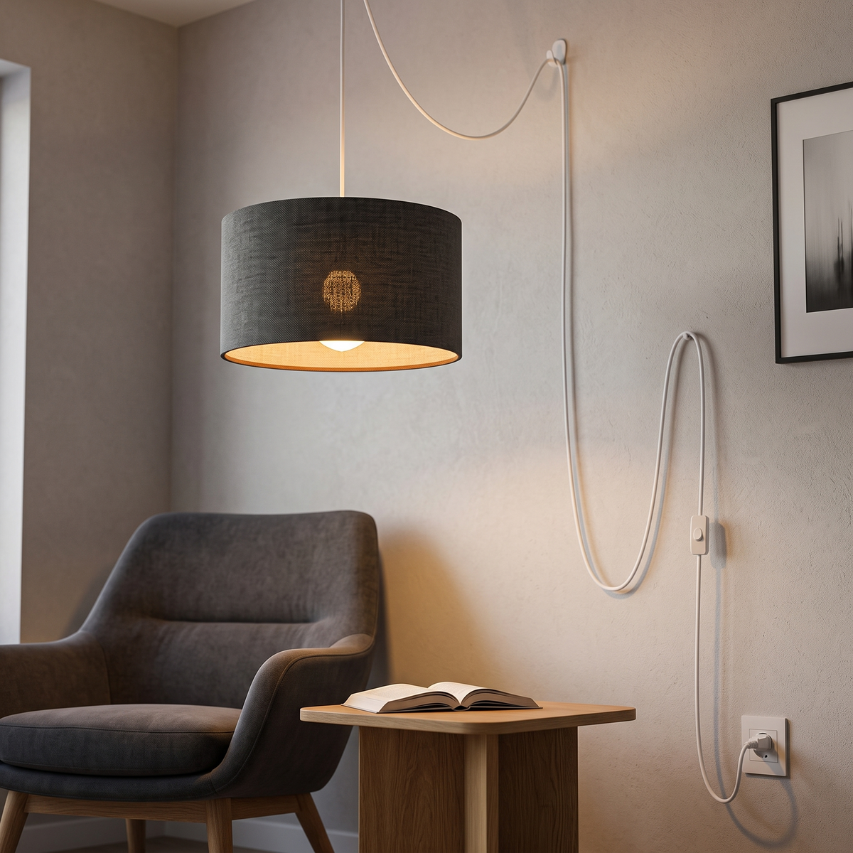Home Concept 2-Light Plug-In Swag Pendant Light Granite Gray with Diffuser White Cord - 16"W, shown in use