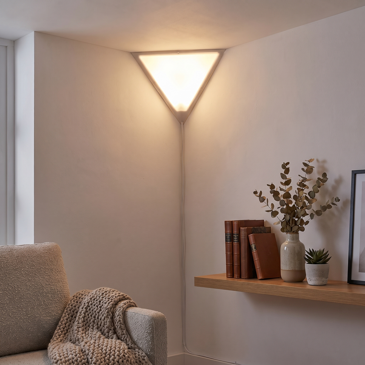 Home Concept Beacon Triangle Corner Light Plug-In Cord White - 16"W, shown in use