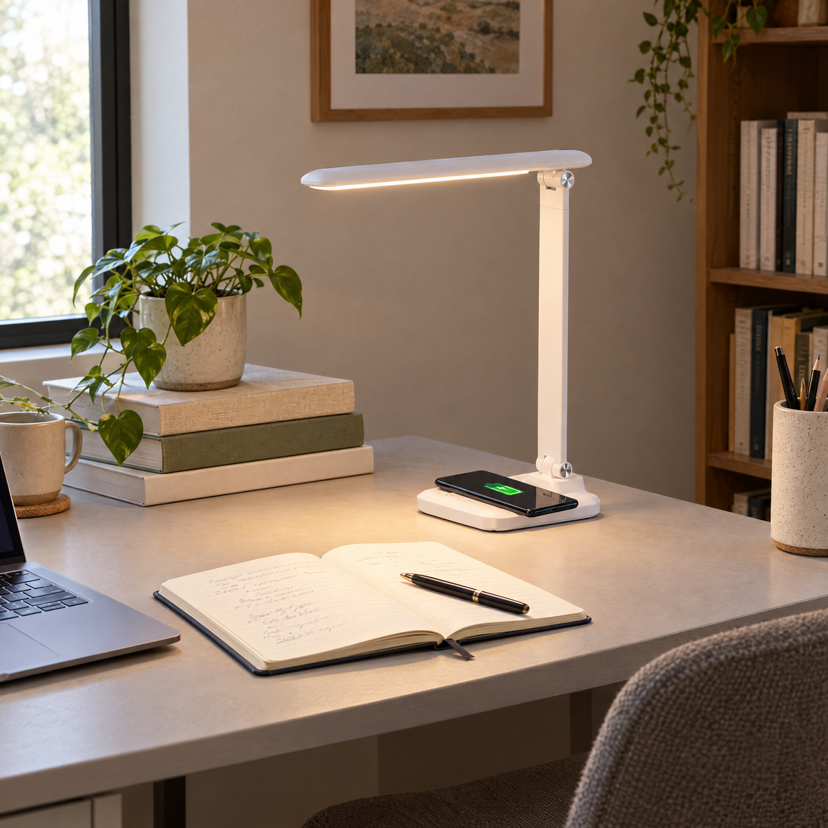 Brilli 15"H Bright-Clean Antimicrobial LED Desk Lamp Matte White Finish with Wireless Charging, lifestyle photo 3