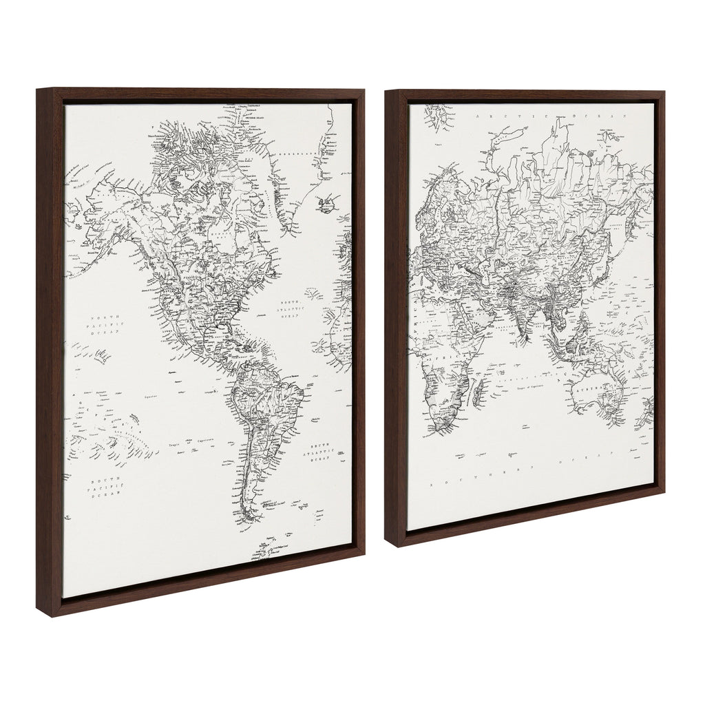 Sylvie Vintage Black and White World Map Framed Canvas Set of 2 by The Creative Bunch Studio