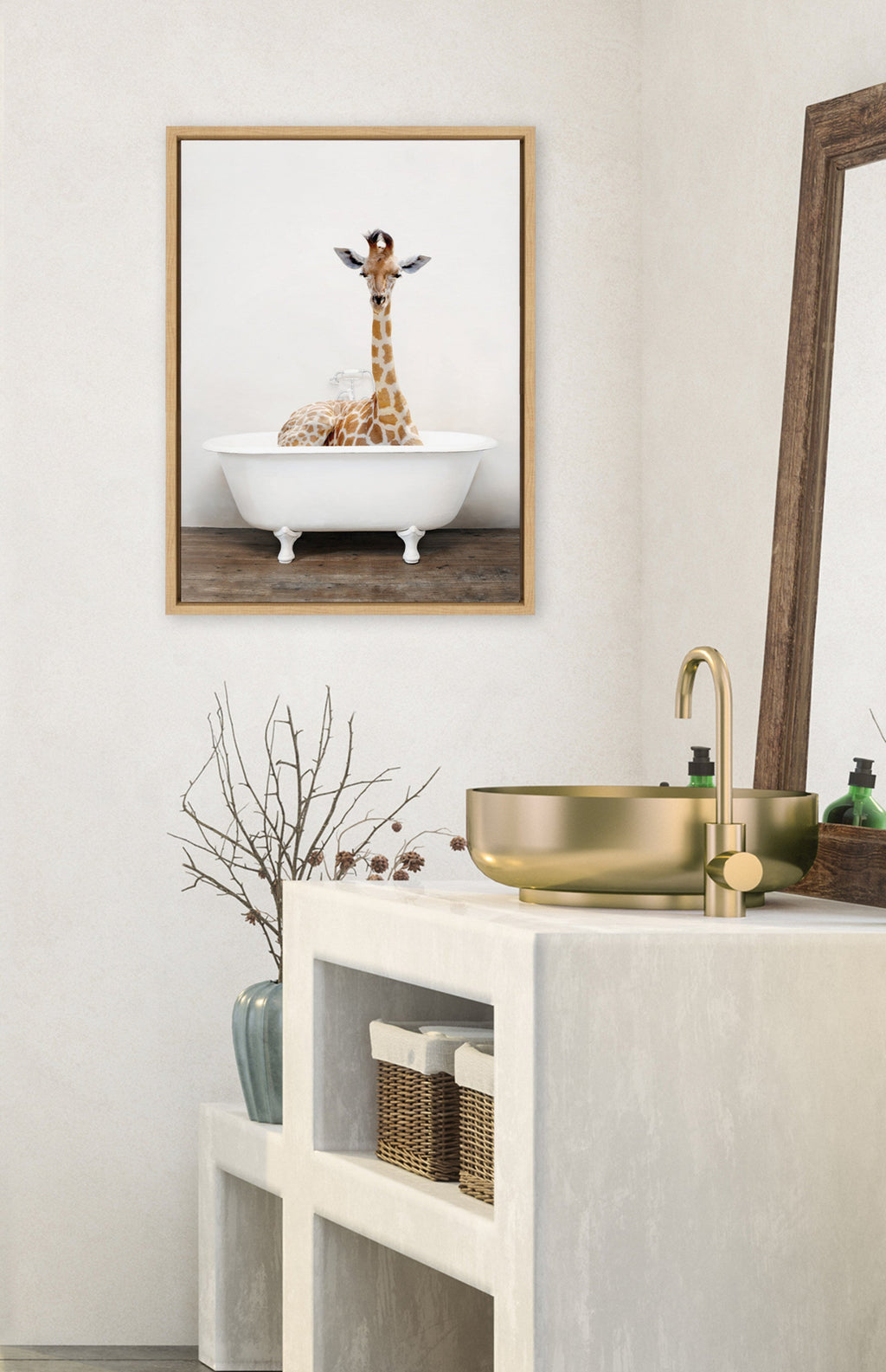Sylvie Giraffe 2 in the Tub Color Framed Canvas by Amy Peterson Art Studio