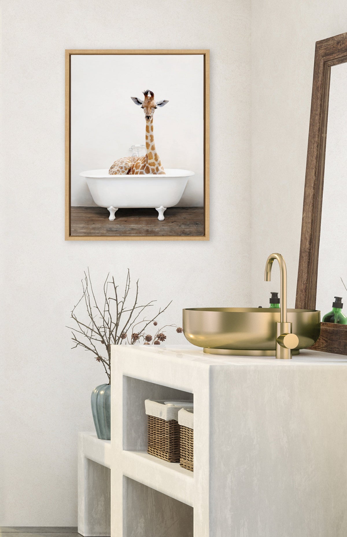 Sylvie Giraffe 2 in the Tub Color Framed Canvas by Amy Peterson Art Studio