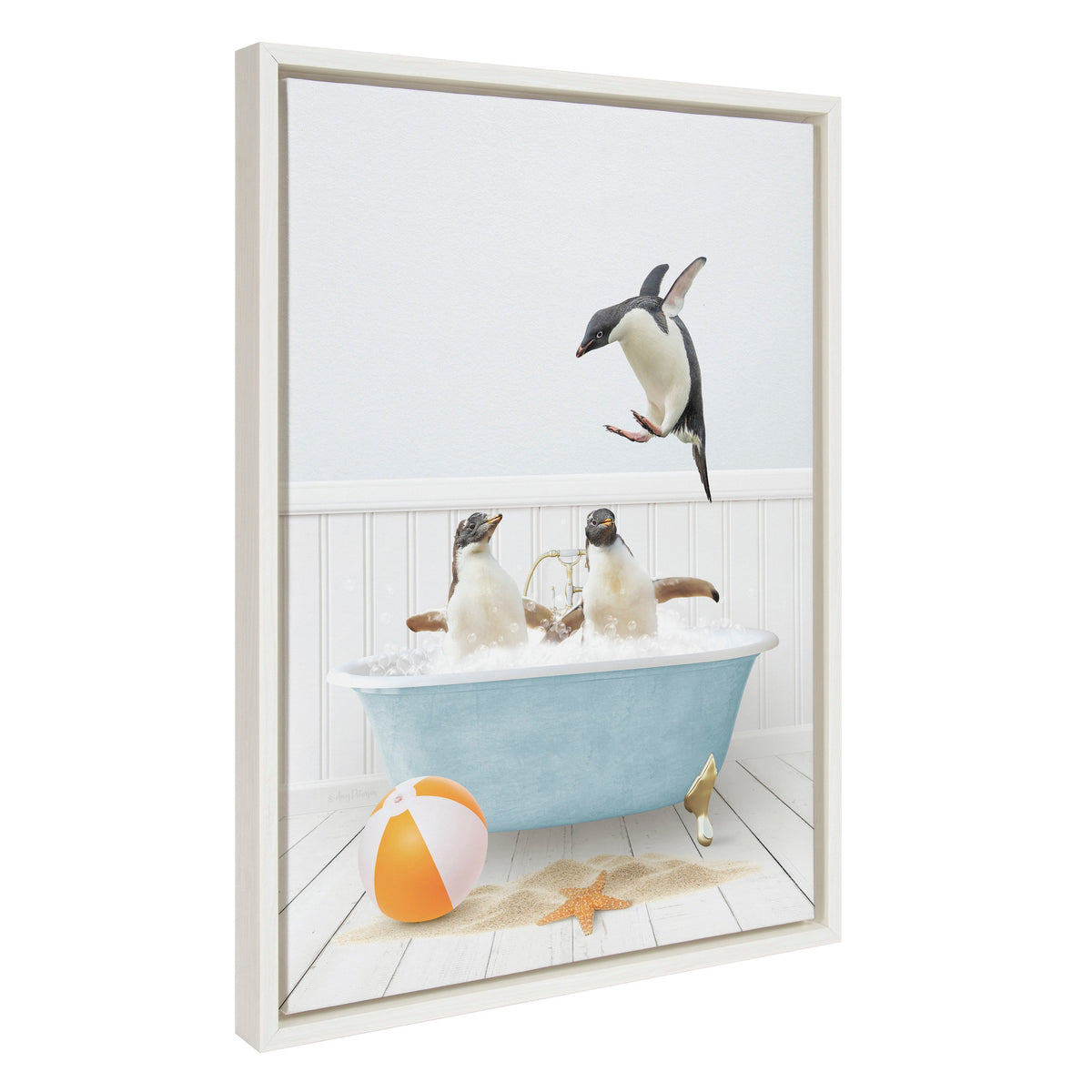 Sylvie Three Penguins Beach House Bath Framed Canvas by Amy Peterson