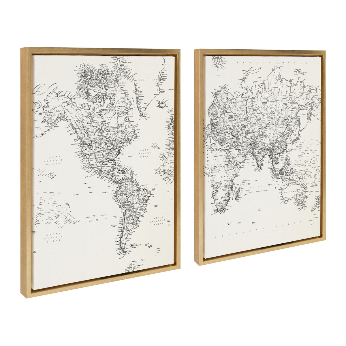 Sylvie Black and White Modern Retro World Map Framed Canvas Set of 2 by The Creative Bunch Studio