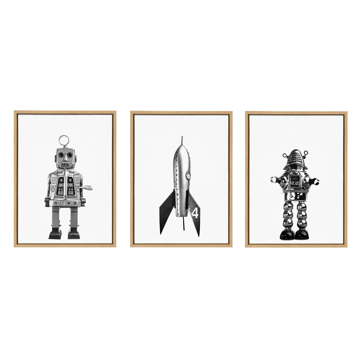 Sylvie Sparky Space Robot, No 4 Rocket and Robbey Robot Black and White Set Framed Canvas Art Set of 3 by Saint and Sailor Studios