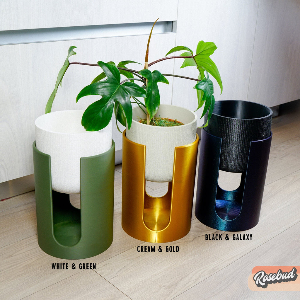 Modern Elevated Planter and Plant Stand Set - 2-Piece Plant Pot with Drainage in Multi Colors & Sizes, Mid-Century Modern Indoor Plant Stand