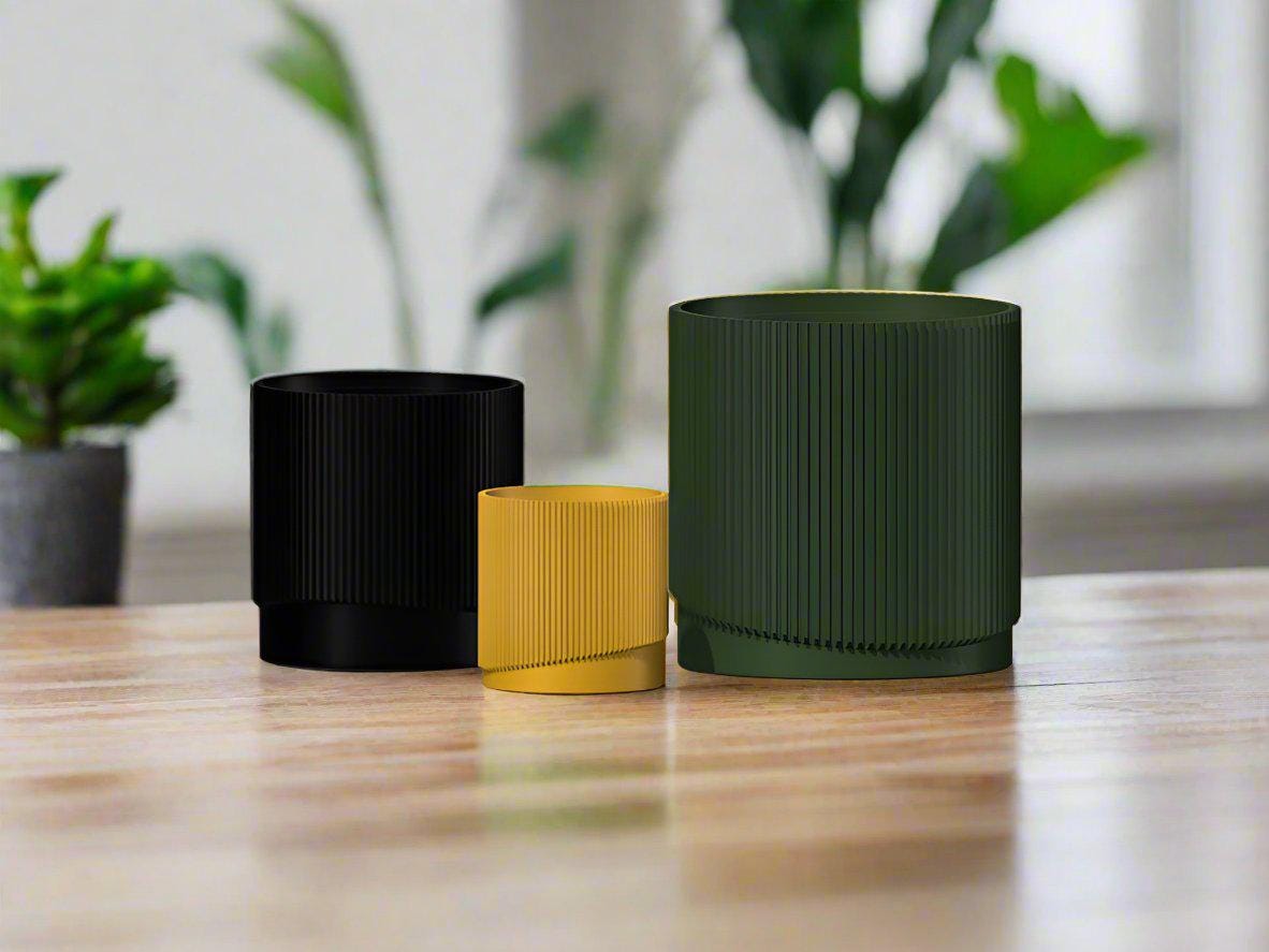 Mid-Century Ribbed Planter with Drainage and Saucer in Multiple Colors, 3D Printed Planter with Unique Modern Design, Lightweight, Wave