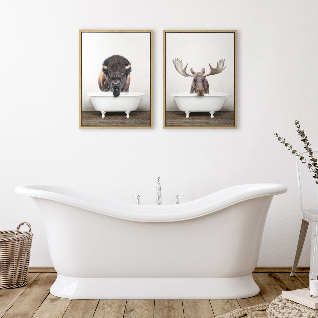 Sylvie Bison Rustic Bubble Bath and Moose Rustic Bubble Bath Framed Canvas Set of 2 by Amy Peterson Art Studio