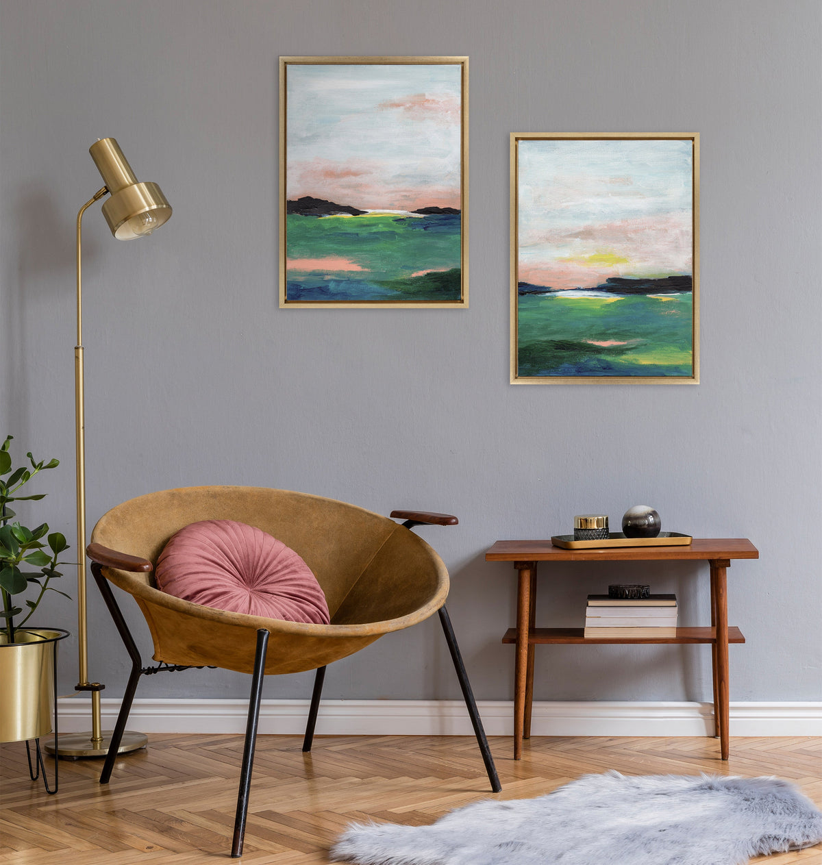 Sylvie Golden Peach Coast l and II Framed Canvas Art Set of 2 by Nikita Jariwala