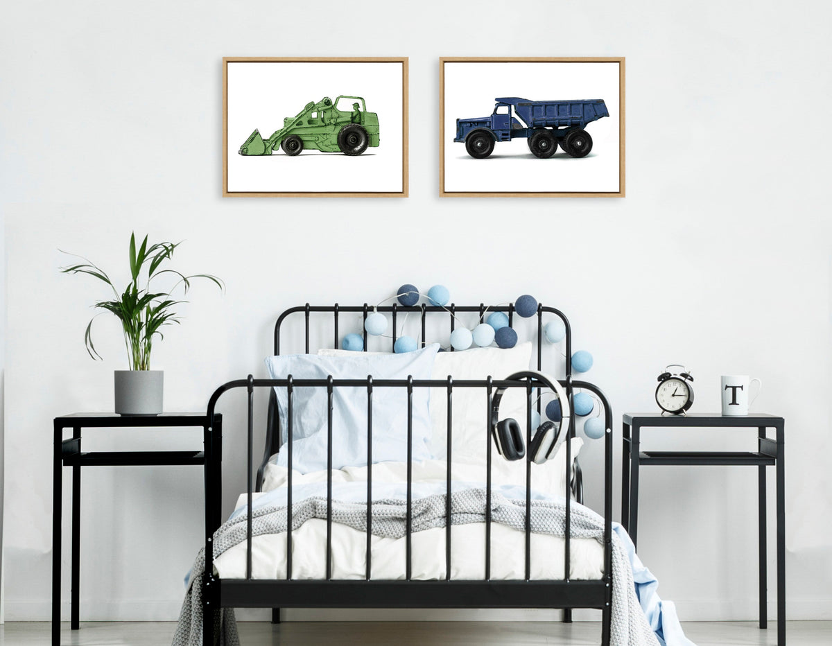 Sylvie Vintage Toy Tractor Green and Vintage Toy Dump Truck Blue Framed Canvas Art Set of 2 by Saint and Sailor Studios