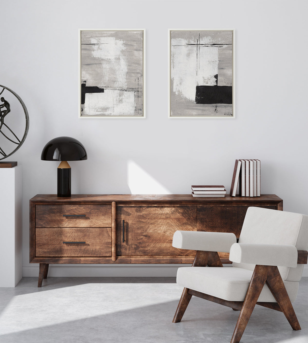 Sylvie Line 1 Left and Right Neutral Linen Framed Canvas Art Set of 2 by Nikita Jariwala