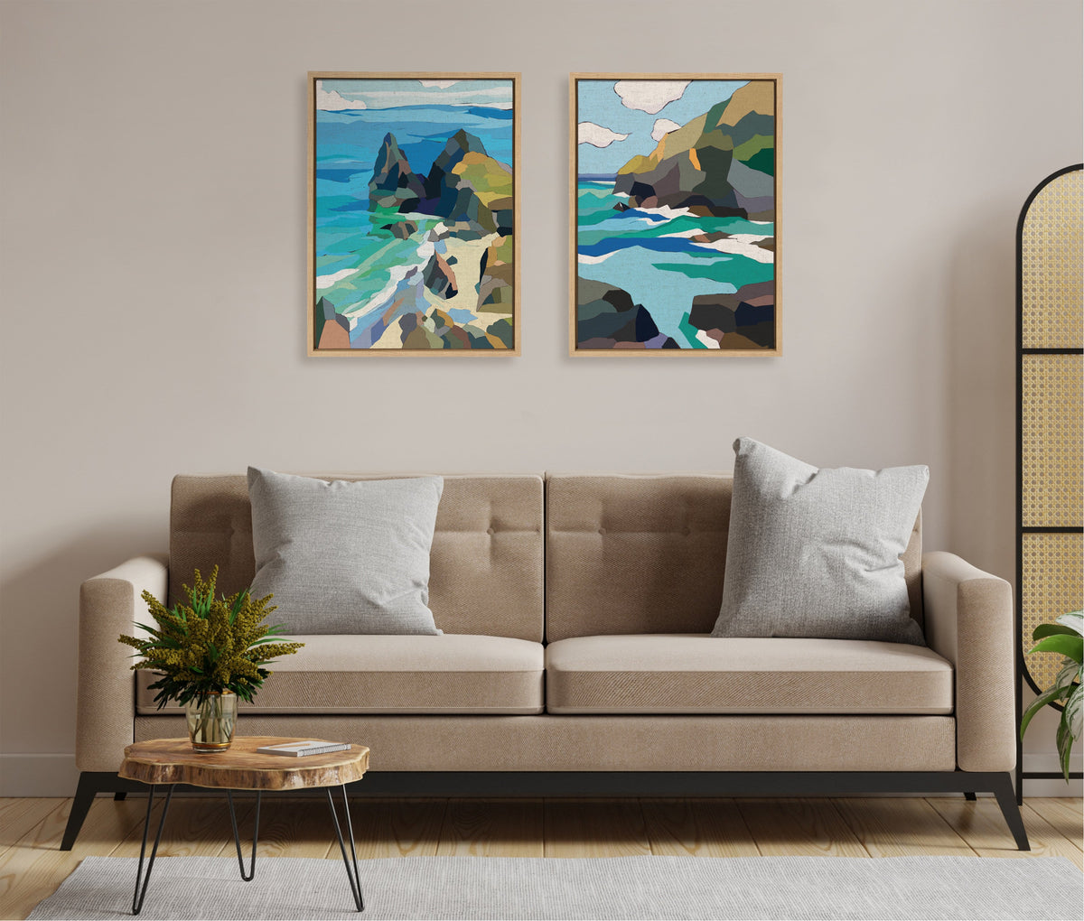 Sylvie Coast and Phi Phi on Neutral Linen Framed Canvas Art Set of 2 by Nikita Jariwala