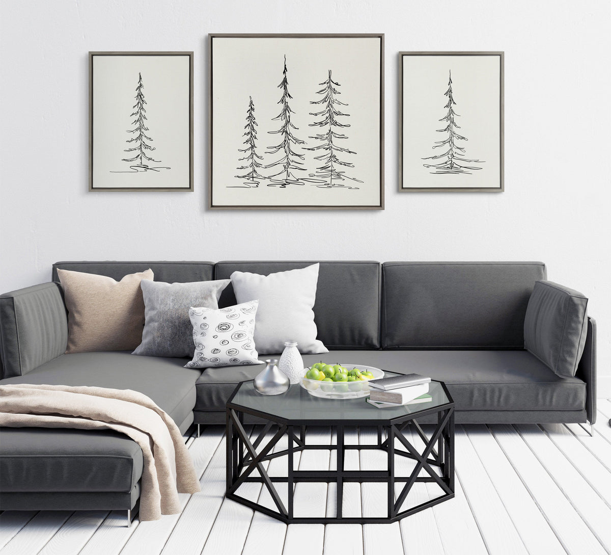 Sylvie Minimalist Evergreen Trees Sketch Framed Canvas by The Creative Bunch Studio