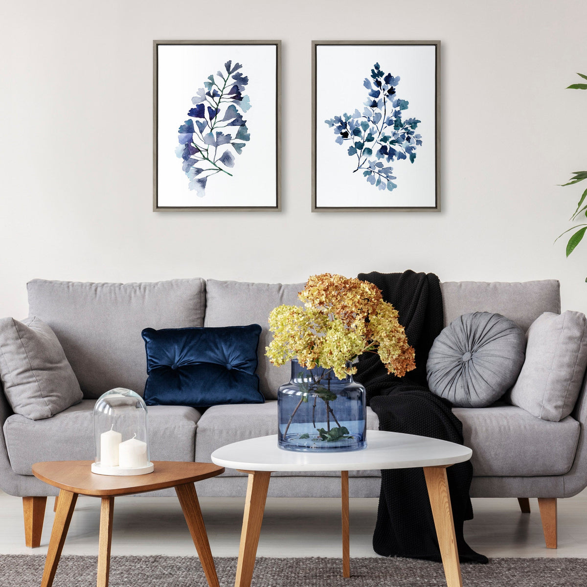 Sylvie Botanical Split Fern Indigo and Botanical Maiden Indigo Framed Canvas Set of 2 by Sara Berrenson