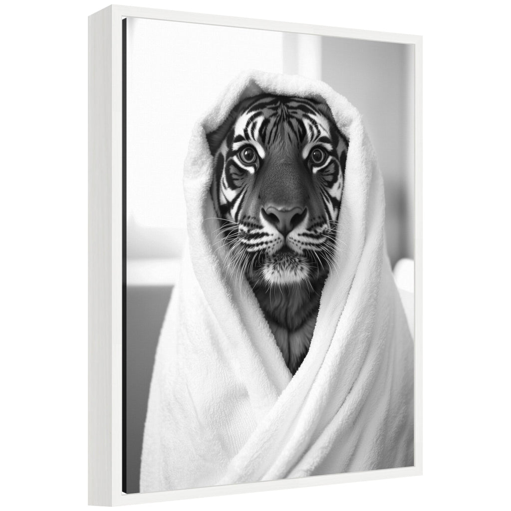 Sylvie Tiger Bathroom Art Towel Robe Black and White Framed Canvas by The Creative Bunch Studio
