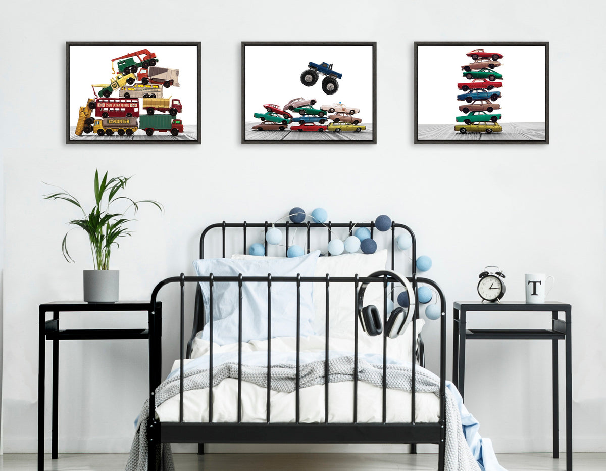 Sylvie Vintage Stacked Matchbox Cars and Monster Truck Framed Canvas by Saint and Sailor Studios