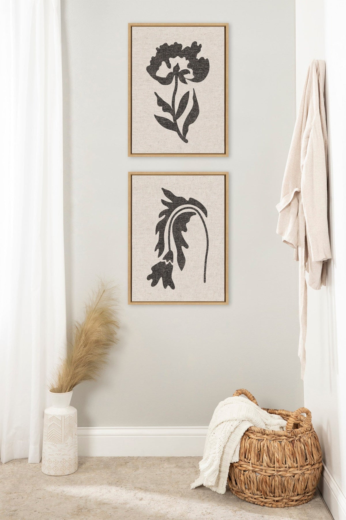 Sylvie Scandi Botanical 2 and 3 Neutral Textured Linen Framed Canvas Art Set of 2 by The Creative Bunch Studio