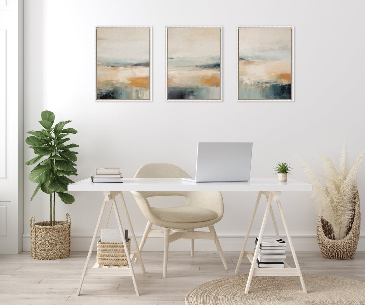Sylvie Blue Beach Ocean Coastal Abstract Framed Canvas Art Set of 3 by The Creative Bunch Studio