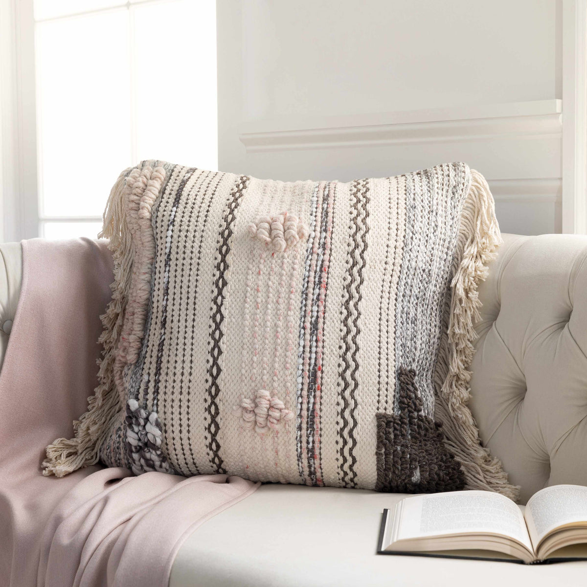 Lenorah Pink&White Textured Pillow Cover with Optional Insert