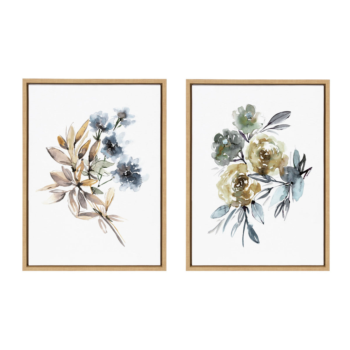 Sylvie Yellow Roses and Muted Blue Flowers Framed Canvas Art Set of 2 by Sara Berrenson