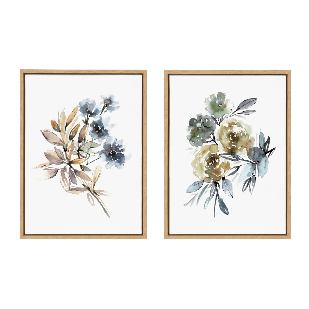 Sylvie Yellow Roses and Muted Blue Flowers Framed Canvas Art Set of 2 by Sara Berrenson