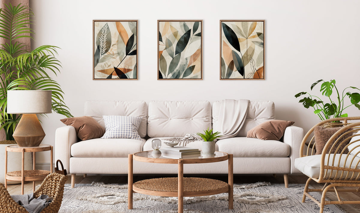 Sylvie Abstract Blue and Gray Earth Tone Botanical Framed Canvas Art Set of 3 by The Creative Bunch Studio