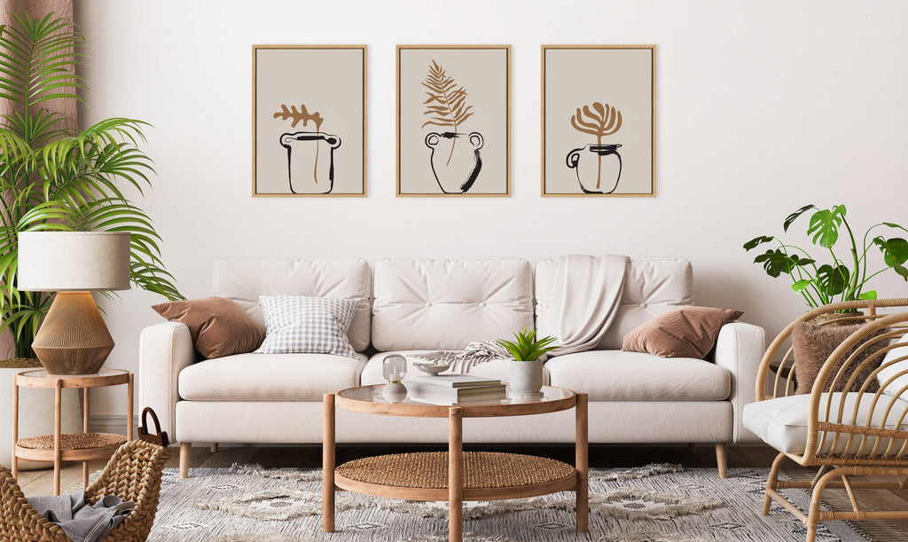 Sylvie Relaxed Retro Illustrated Botanical Vase Framed Canvas Art Set of 3 by The Creative Bunch Studio