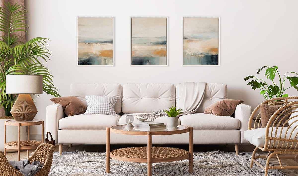 Sylvie Blue Beach Ocean Coastal Abstract Framed Canvas Art Set of 3 by The Creative Bunch Studio