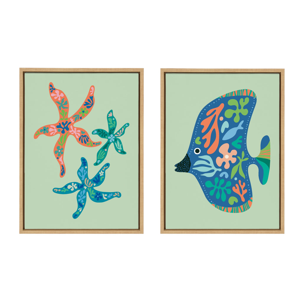 Sylvie Modern Colorful Starfish and Modern Colorful Tropical Fish Framed Canvas Art Set of 2 by Rachel Lee