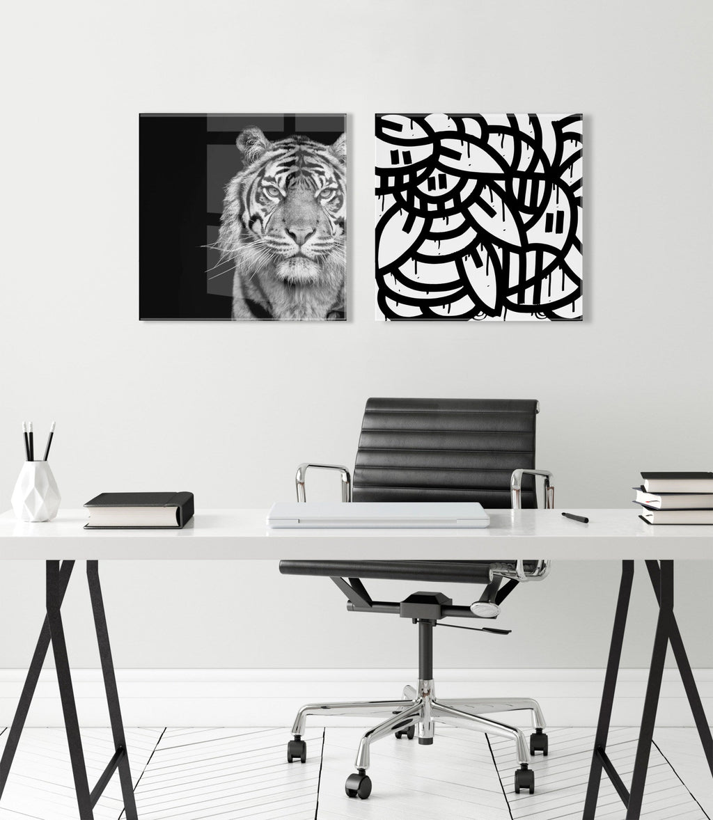 Tiger Minimalist Animal Portrait on Black Close Crop Floating Acrylic Art by The Creative Bunch Studio